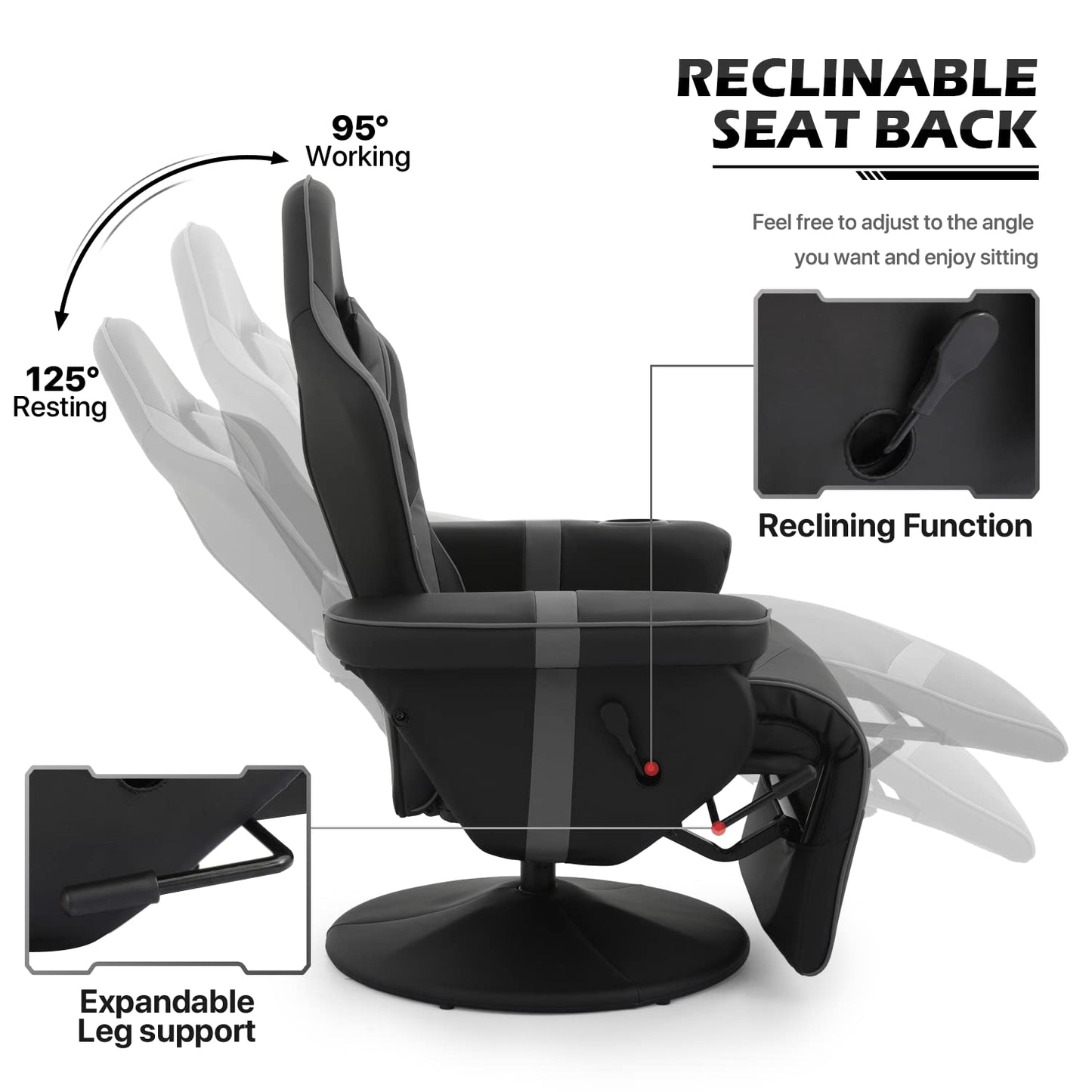 Sillón Gamer Reclinable MoNiBloom con Reposacabezas Desmontable, Reposapiés Retráctil y Portavasos (Gris)