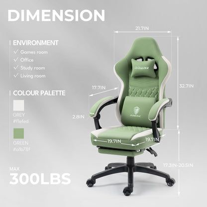 Silla Gamer Dowinx de Tela Transpirable con Cojín de Resortes, Masaje, Reposapiés y Almohadilla de Gel (Verde)