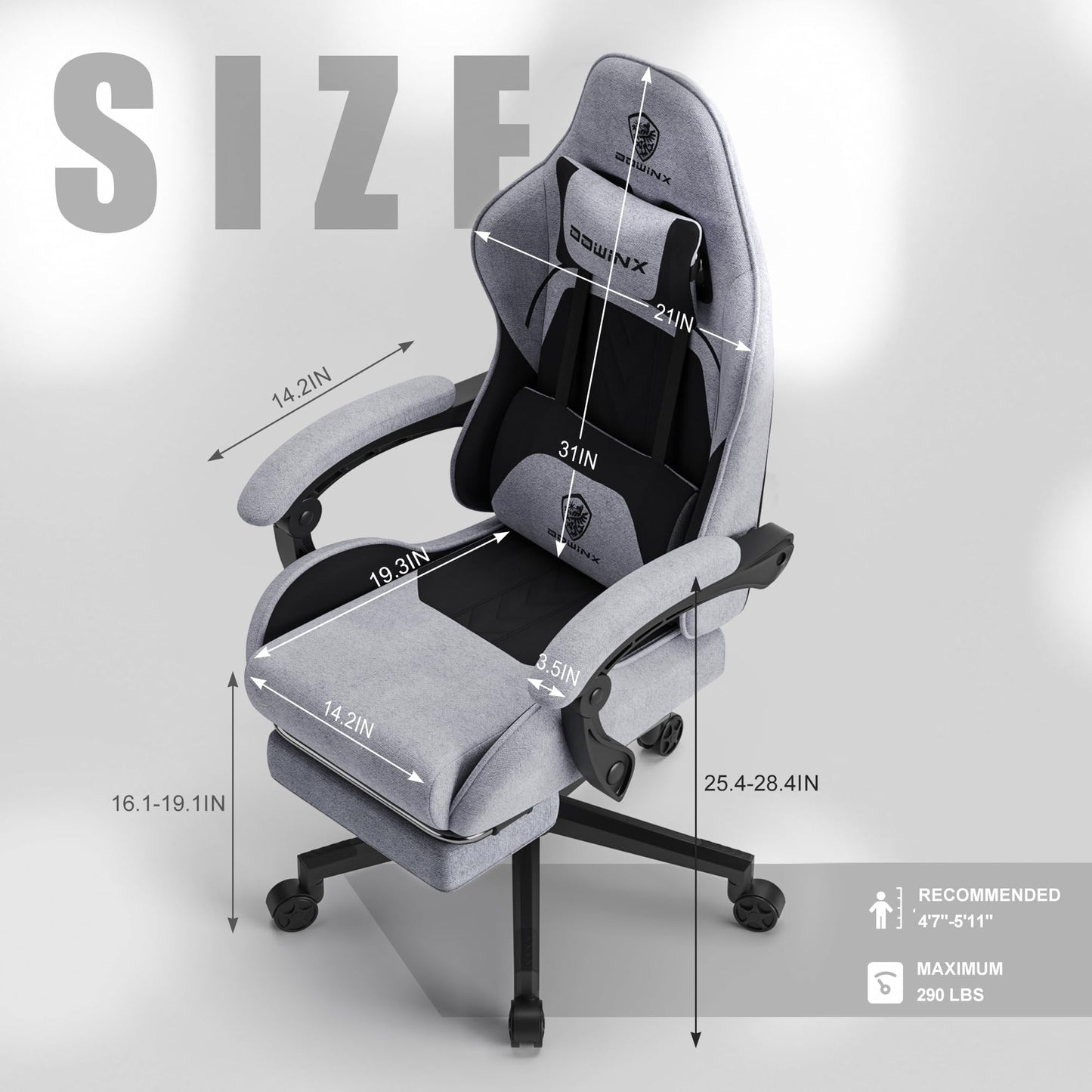 Silla Gamer Dowinx de Tela con Cojín de Resortes, Masaje, Reposacabezas y Reposapiés (Negro/Gris)