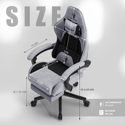 Silla Gamer Dowinx de Tela con Cojín de Resortes, Masaje, Reposacabezas y Reposapiés (Negro/Gris)