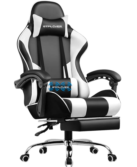 Silla Gamer GTPLAYER con Reposapiés, Soporte Lumbar y Reposacabezas, Ajustable y Giratoria 360° (Blanco)