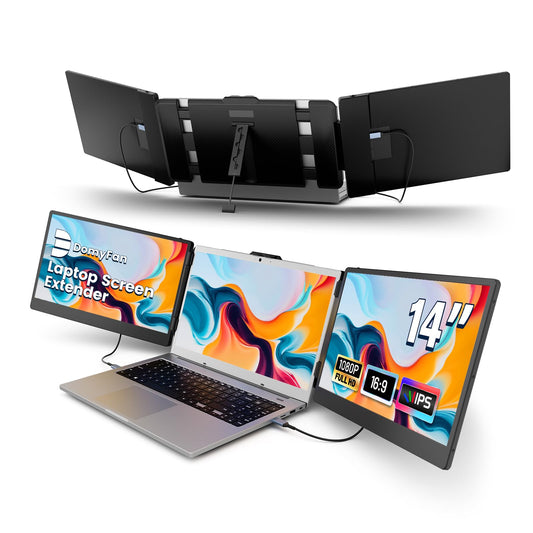 Extensor de Pantalla para Laptop domyfan 14", Monitor Portátil Triple FHD 1080P IPS, HDMI/USB-A/Type-C, Compatible con Windows, Mac, Android, Chrome, Switch y PS5 (13.3”-17”)