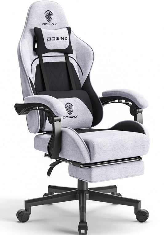 Silla Gamer Dowinx de Tela con Cojín de Resortes, Masaje, Reposacabezas y Reposapiés (Negro/Gris)