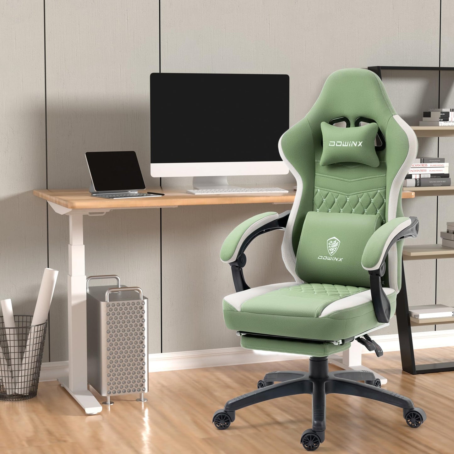 Silla Gamer Dowinx de Tela Transpirable con Cojín de Resortes, Masaje, Reposapiés y Almohadilla de Gel (Verde)